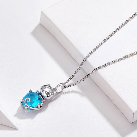 Blue Cute Cat Necklace S925 - ElineBeryl