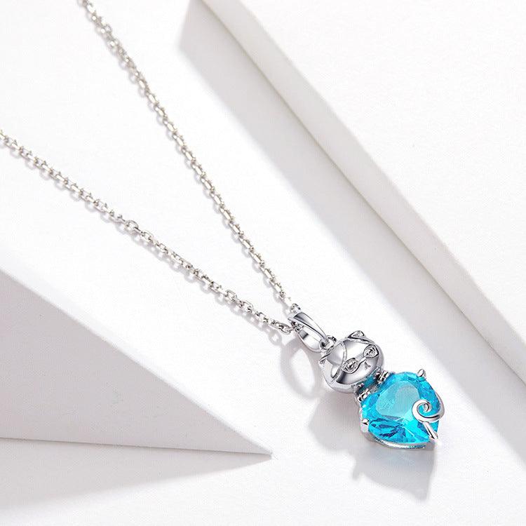 Blue Cute Cat Necklace S925 - ElineBeryl