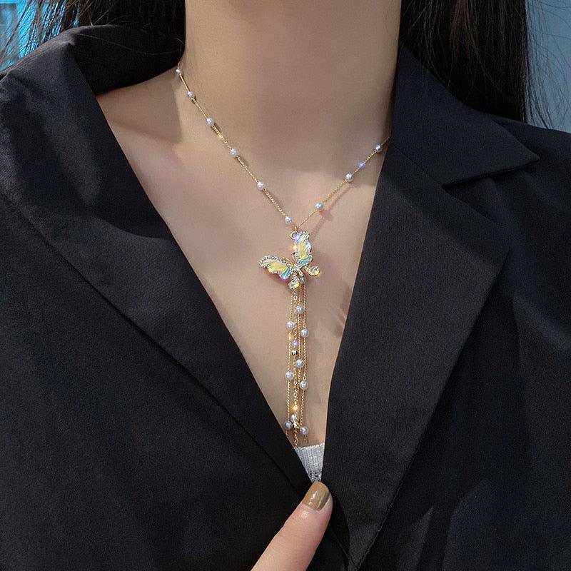 Butterfly Pearl Tassel Necklace - ElineBeryl