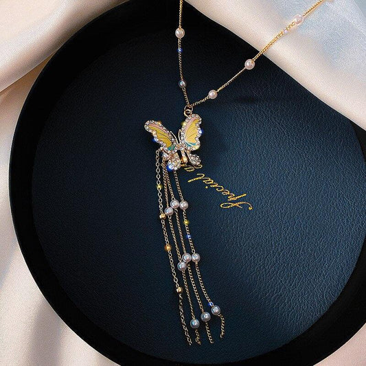 Butterfly Pearl Tassel Necklace - ElineBeryl